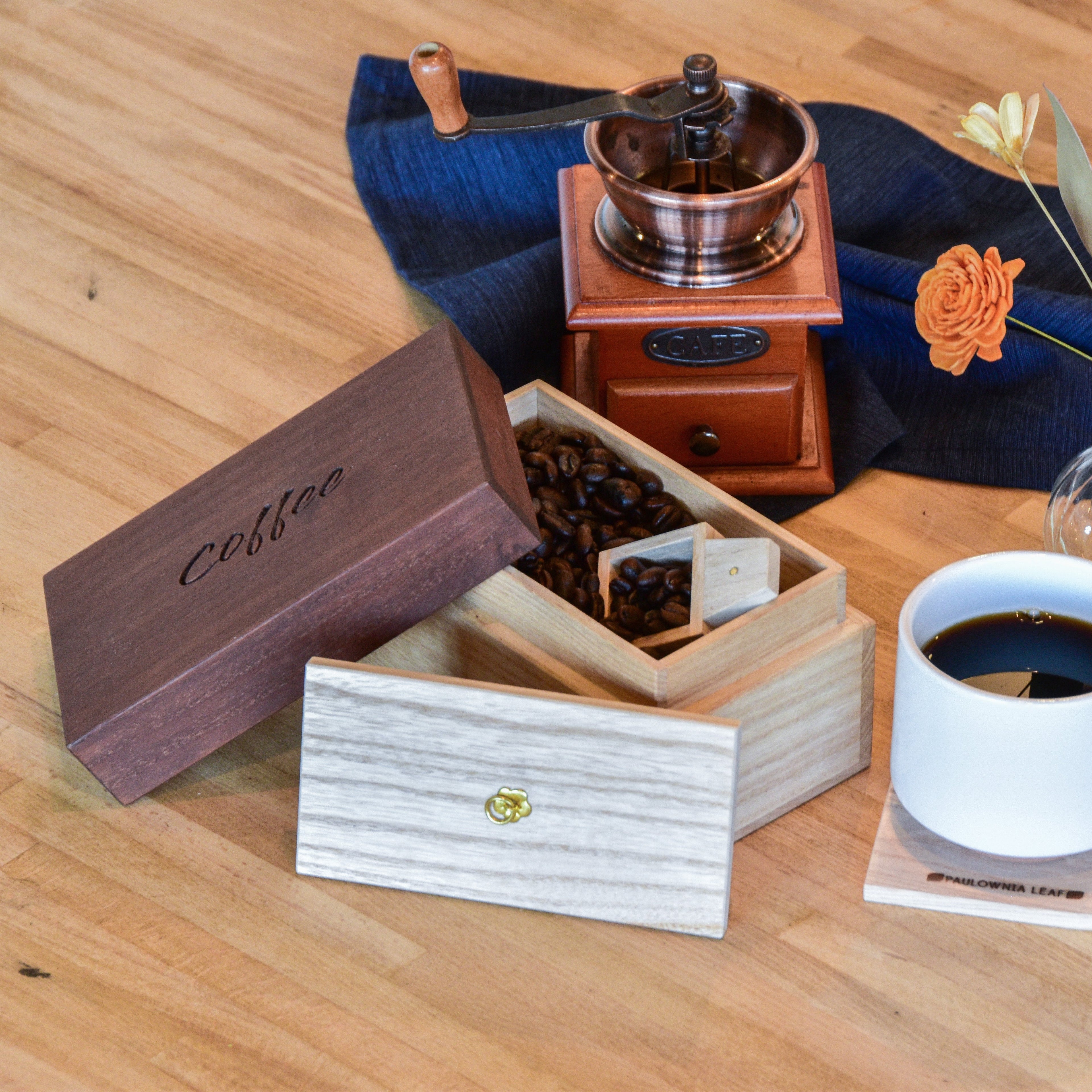 国産桐のコーヒーキャニスター 200g【強力な酸化防止効果、木材No.1の調湿効果】